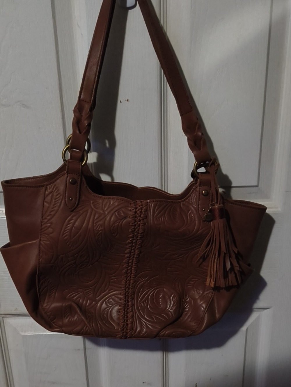 The Sak Brown Embossed Leather Shoulder Tote with Tassel